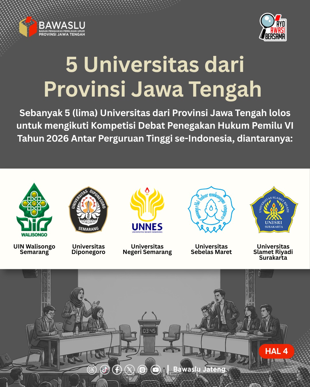  Bawaslu Provinsi Jawa Tengah mengapresiasi capaian lima perguruan tinggi asal Jawa Tengah yang berhasil lolos Tahapan Eliminasi Kompetisi Debat Penegakan Hukum Pemilu VI Antar Perguruan Tinggi Tahun 2026