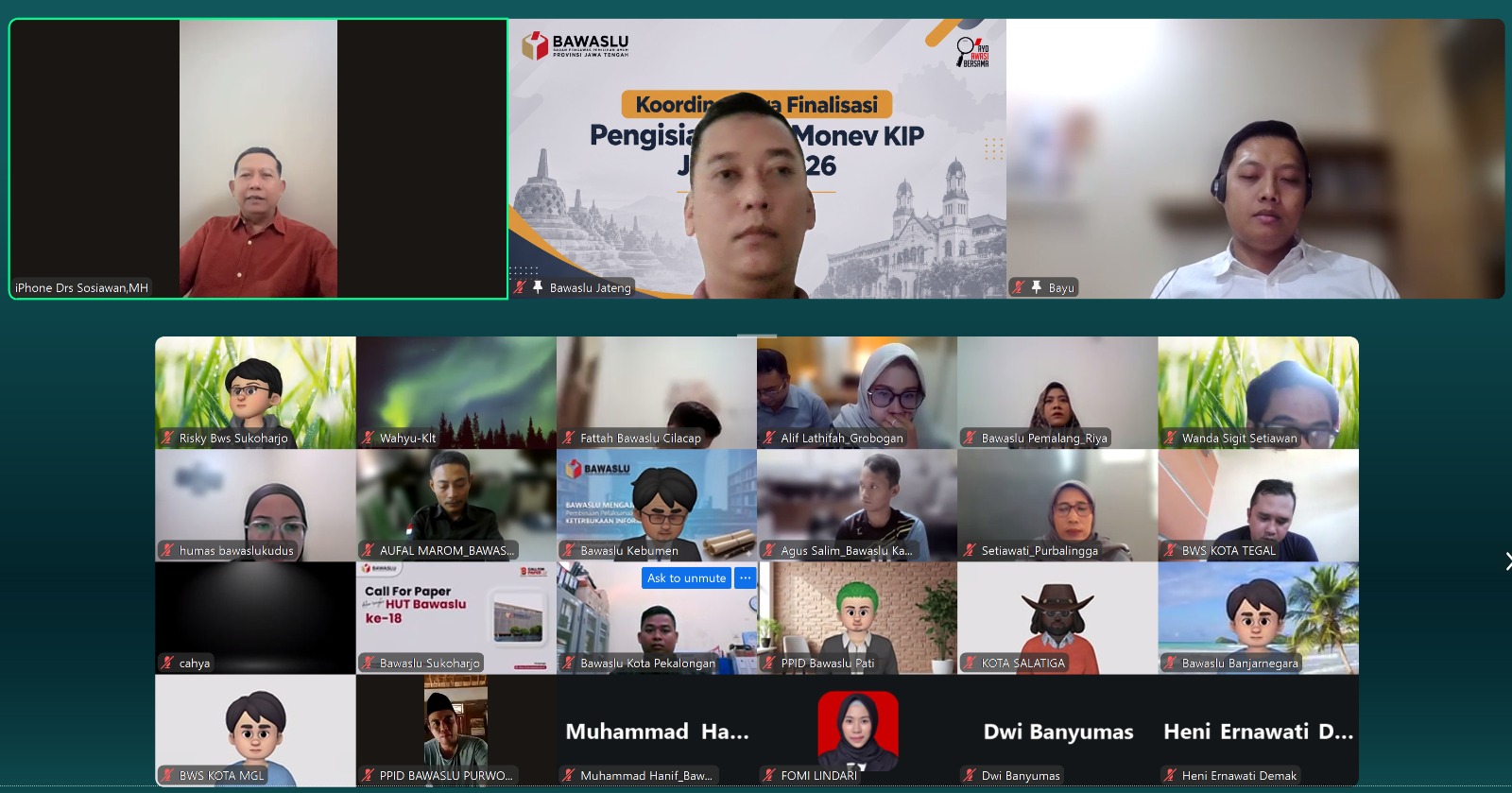 Anggota Bawaslu Provinsi Jawa Tengah, Sosiawan,  Kepala Bagian Hukum, Humas, Data dan Informasi Bawaslu Provinsi Jawa Tengah, Bayu Indra Permana, Pejabat Fungsional Pranata Komputer Ahli Pertama Bawaslu Provinsi Jawa Tengah, Setiadi Kurniawan dalam kegiatan Koordinasi Pra Finalisasi Pengisian Self Assessment Questionnaire (SAQ) Monitoring dan Evaluasi Keterbukaan Informasi Publik (Monev KIP) Jawa Tengah Tahun 2026