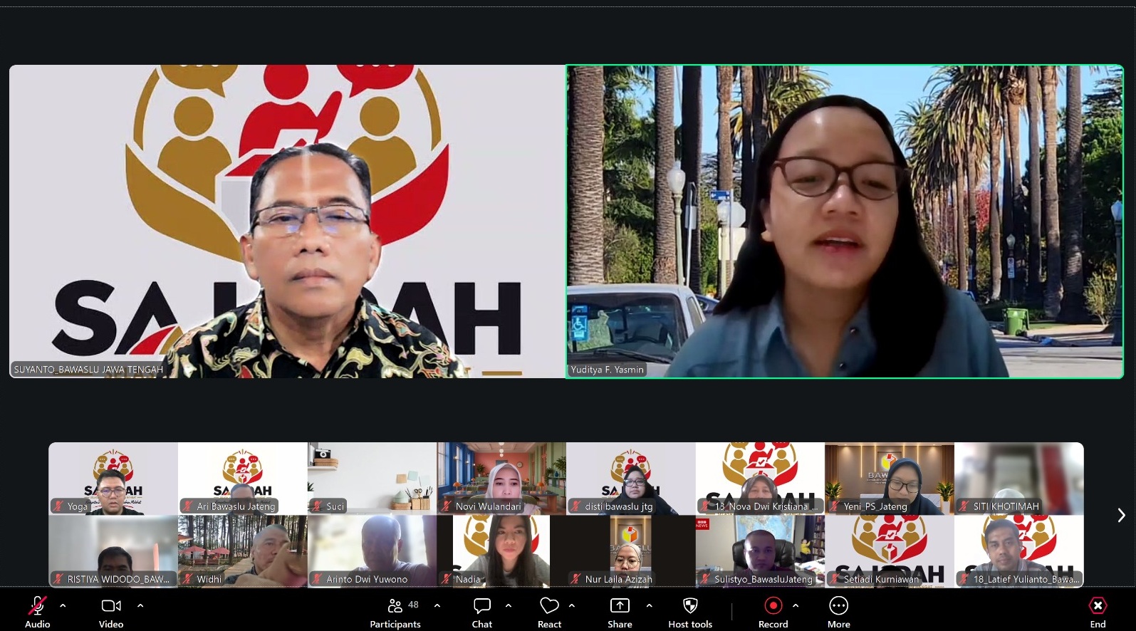 Yuditya Yasmin sebagai narasumber dan suyanto sebagai moderator dalam kegiatan knowledge sharing bertema “Teknik Pengisian Form Pencegahan Online” yang dilaksanakan secara daring melalui Zoom Meeting